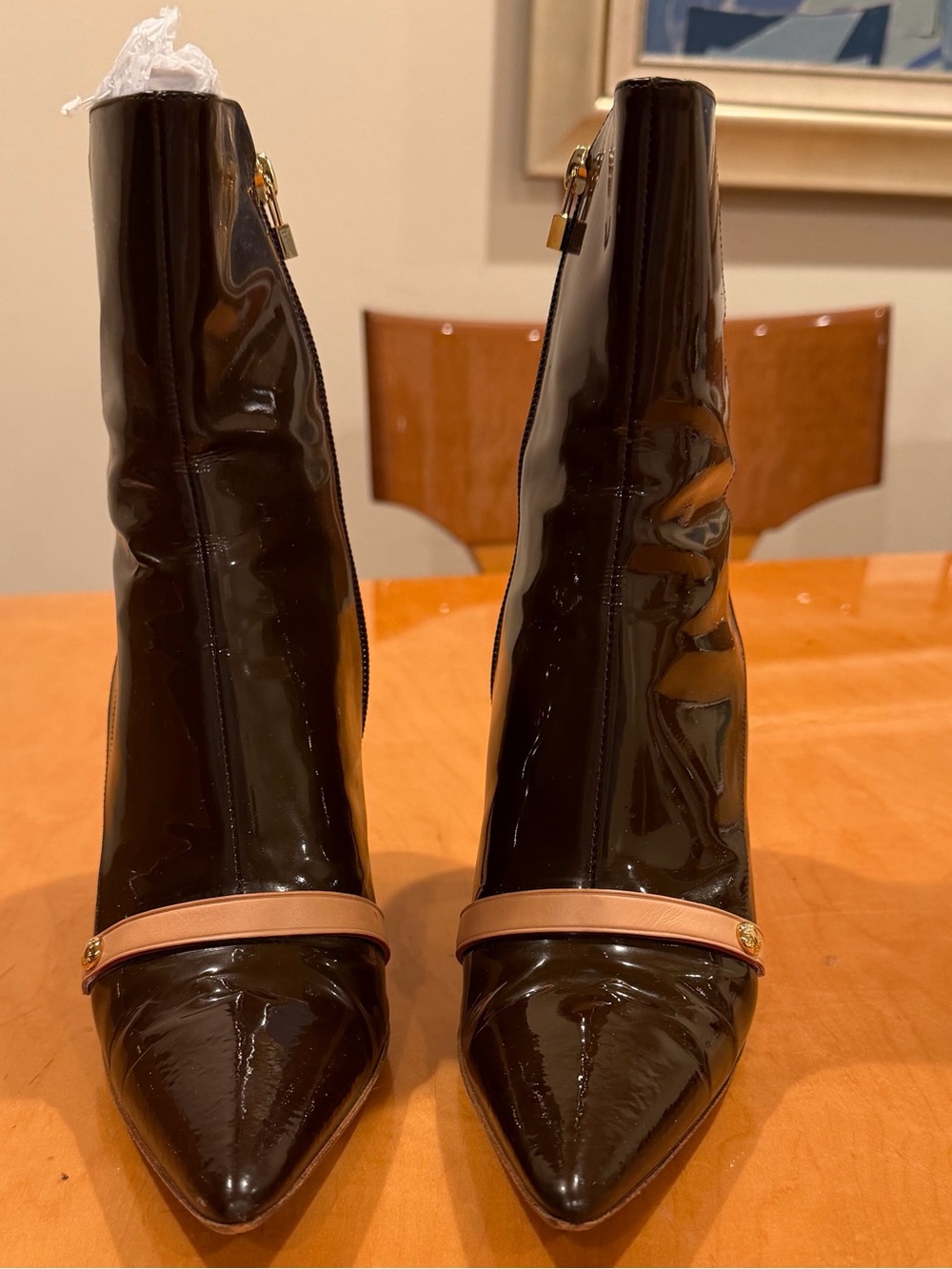 Louis Vuitton brown  Patent Pointed Ankle Boots with Tan Strap Detail